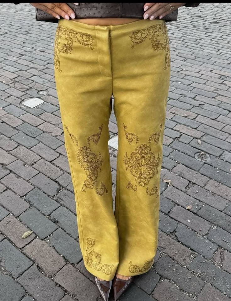 Yellow suede trousers with gold embroidery